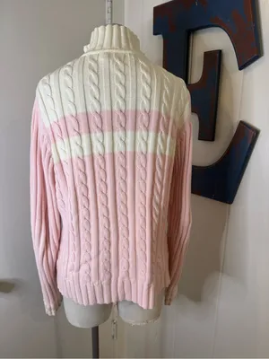 Tommy Hilfiger Pink & Cream Cable Half-Zip Turtleneck Sweater SZ L thumbnail 2