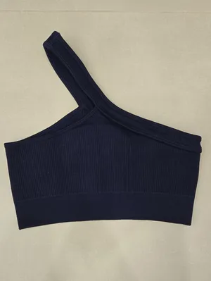 New Ribbed One-Shoulder Crop Top & High-Waist Shorts Set - Navy Size S thumbnail 4