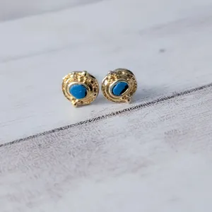 Vintage Stud Earrings 0.25" Dainty Gold Tone Halo Blue Center - Fair Condition thumbnail 7