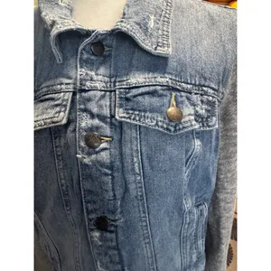 Free People Distressed Denim Jacket Mixed Fabric Knit Sleeve Moto Trucker Size M thumbnail 7