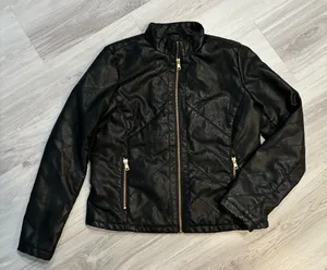 Black‎ Faux Leather Zip Jacket with Gold Hardware thumbnail 1