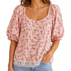 Unique Spectrum Fits S/M Floral Puff Sleeve Top Pink Lace Boho Summer pretty thumbnail 1