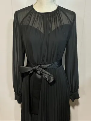 Chiffon Black Long-Sleeve Pleated Maxi Dress with Satin Waist Tie thumbnail 2
