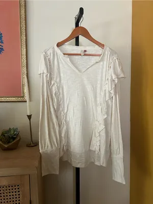 Anthropologie Pilcro Cozy Ruffle Popover Top Long Sleeve V-Neck Ivory Cream XL‎ thumbnail 2