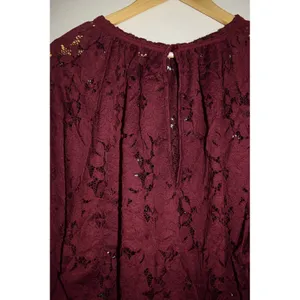 Free People Lace Blouse Womens Medium Burgundy Excellent Smocked Ruffle Keyhole thumbnail 4