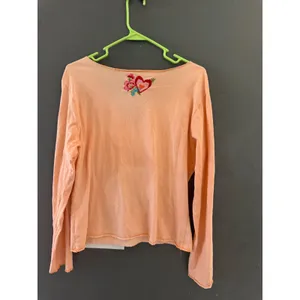 Boho Peach Long‎ Sleeve Embroidered Floral Love V-Neck Top Lettuce Trim Y2K thumbnail 5