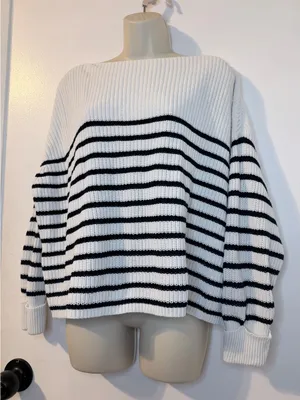 French Connection XS White Black Stripe Knit Boat Neck Sweater Cotton thumbnail 5