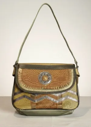 Vintage Renias Sharif Patchwork Leather Crossbody Purse Gold Bronze Tones 80s thumbnail 1