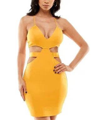 NWT BEBE Cutout Bodycon Dress in Amber/ YellowGold Juniors Size L New w/Tag thumbnail 1
