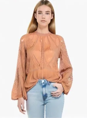 American Eagle Blush Pink Lace Peplum Bell Sleeve Long Sleeve Top Blouse thumbnail 1