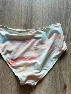Pastel tie-dye bikini set (top, bottom, coverup) with pink, peach, and light blu thumbnail 5