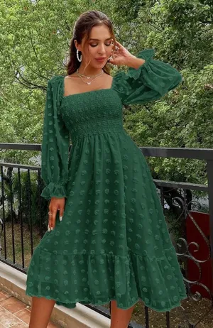 Women’s Flowy Green Fall Wedding Guest Dress thumbnail 1