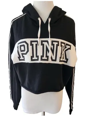 PINK Victoria's Secret Cropped Poll Over Hoodie Black‎ White Medium thumbnail 1
