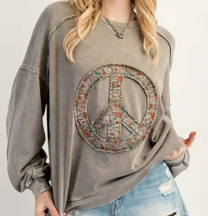 Easel Peace Floral Bohemian Long Sleeve Scoop Sweater thumbnail 1