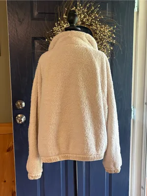 Athleta Cream Sherpa Pullover Satin Trim Jacket With Zipper Pockets size XL thumbnail 5