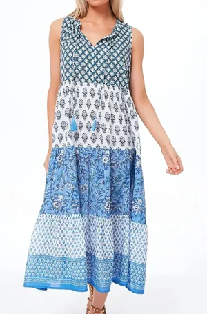 Tuckernuck bahama Blue Floral Block-Print Tiered Maxi sundress Dress cotton thumbnail 1