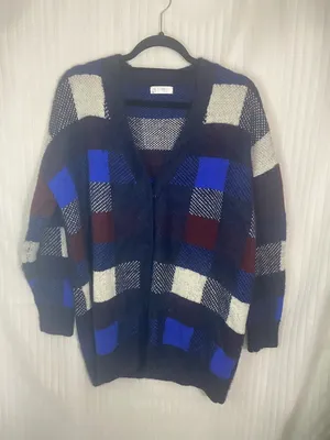 Janice Apparel Womens Cardigan Sweater Blue Plaid Button Front Fuzzy Knit XL XXL thumbnail 1