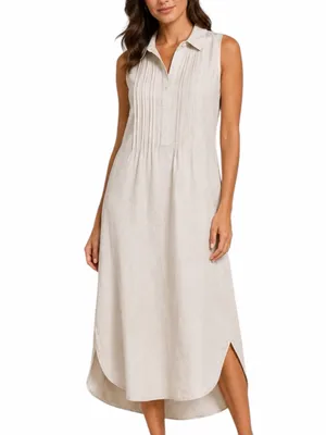 Malvin Beige Linen Midi Dress Women’s Size S Sleeveless Collared Neutral Coastal thumbnail 12