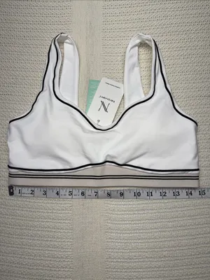 White Sports Bra with Taupe Band and Black Piping thumbnail 3