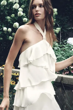 Zara Elegent Cream Halter-Tiered Women's Ruffeled Bohemian Mini Dress thumbnail 7