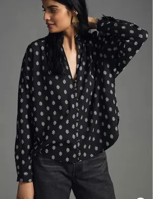 Pilcro and the Letterpress Navy White Diamond Print Ruffle Blouse Large thumbnail 1