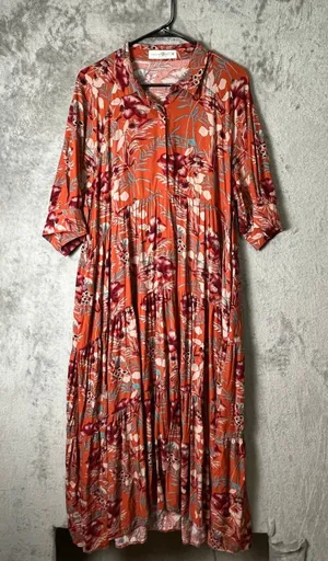 Natural Life Floral Tiered‎ Midi Dress Button Front Boho Women's Medium Orange thumbnail 1