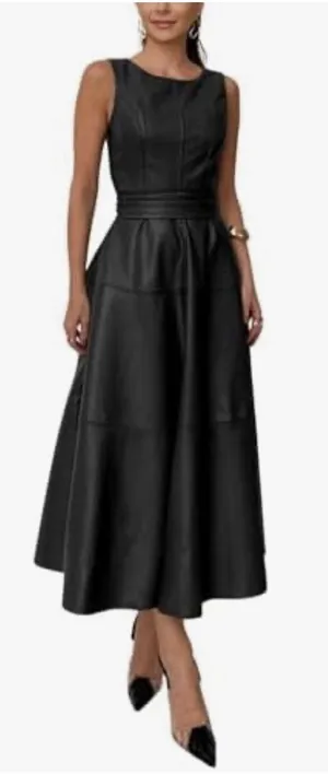 CHARTOU Women PU Faux Leather Sleeveless Elegant Flowy Long Dress Size Small thumbnail 1