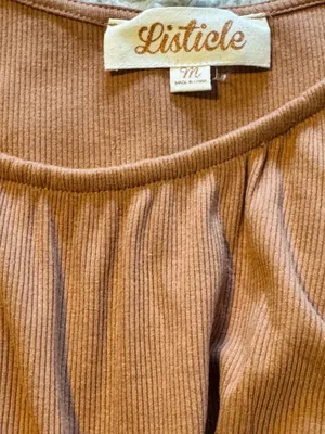 Listicle Brown Ribbed Knit Short Puff Sleeve Crop Top with Tie Back Size M thumbnail 3