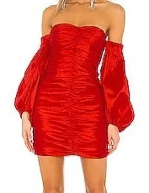 Bardot Marissa Mini Dress Red Ruched Taffeta Off Shoulder Balloon Sleeve XS NEW thumbnail 1