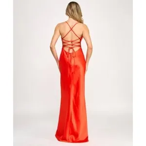 Seni & Cade Maxi Dress Women Small Tomato Red Satin Lace Up Back Gown 24S7EX3ATP thumbnail 2