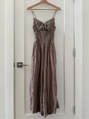 Free People Endless Summer Day Glow One Piece Smocked cutouts Jumpsuit Taupe M thumbnail 3