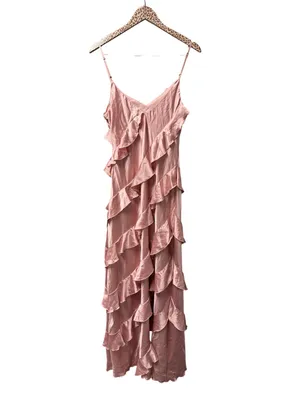 Petal + Pup Ciao Ruffles Maxi Satin Dress Sleeveless Long Pink Large NEW thumbnail 2