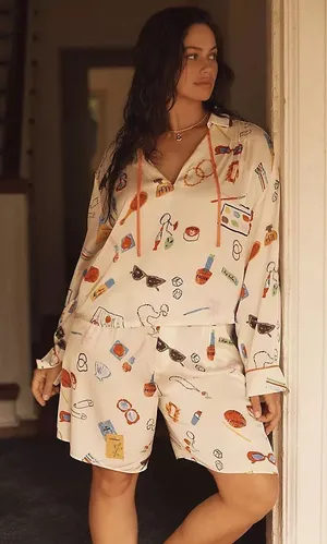 Anthropologie Lyrebird Phthalo Ruth Pajama Set Ivory Novelty Print Top Shorts L thumbnail 1