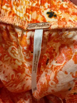 Free People Linen Blend Orange Print Raw Hem Elastic Waist Mini Skirt SZ XS thumbnail 3