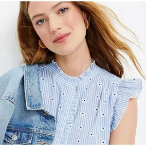 Loft Blue White Stripe Daisy Ruffle Button Front Top Women's Medium thumbnail 2