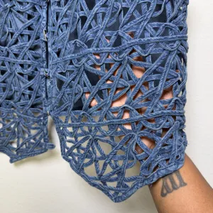 VTG Y2K Women 100% Cotton Western Vest Large Blue Denim Lattice Crochet Cowgirl‎ thumbnail 5