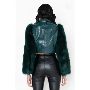 AZALEA WANG Nolla Faux Fur Arms Croc Moto Jacket Jade Green Vegan Leather Medium thumbnail 8