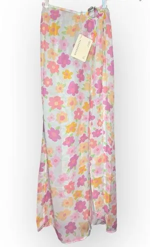 Floral Maxi Skirt High Slit Beach Coverup Sarong Flowy Gold Hoop thumbnail 1