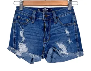 Hollister Blue Mid Rise Jean Shorts Womens 23 3in Denim Distressed Summer Beachy thumbnail 1