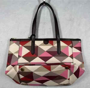 Fossil Sydney Shopper Tote Bag Red Multicolor Geometric Pattern with Key Charm thumbnail 1