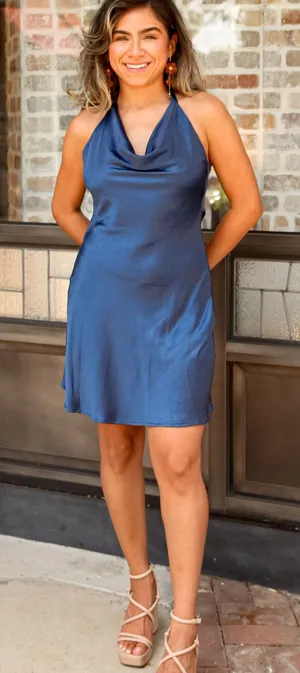 Altar’d State mini Navy Blue, satiny fabric, Cowl Neck Dress Sz XXS thumbnail 1