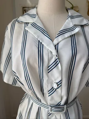 Vintage 70s British Lady House Dress White Blue Stripe 22 2X 3X thumbnail 3