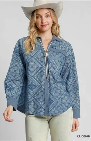 ✨NWT Umgee Paisley Print Denim Shirt Jacket thumbnail 1