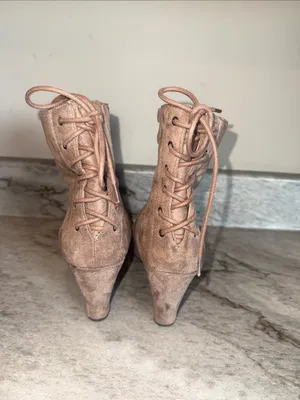 2 Lips Too Taupe Suede Wedge Ankle Boots with Lace-Up Back thumbnail 4