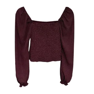 Abercrombie & Fitch Smocked Square Neck Blouse in Burgundy Polka Dot - Size XS thumbnail 4