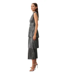 Sabina Musayev Bonita Dress Metallic Tiered Midi Plunge Sleeveless‎ Size XS thumbnail 3