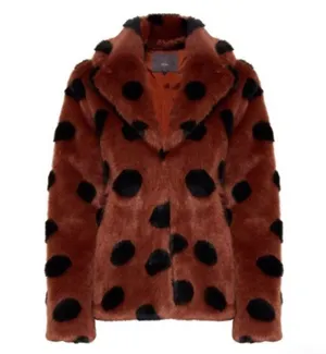 ICHI GINGERBREAD BROWN Faux Fur Coat With Abstract Accents Sz 40 Large NWT thumbnail 8