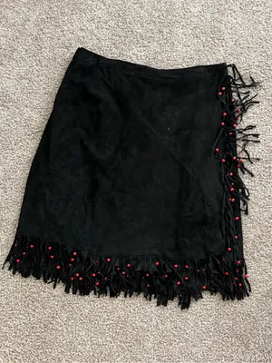 Vintage Black Suede Fringe Red Bead Western Wrap Midi Skirt L XL Cowgirl thumbnail 5
