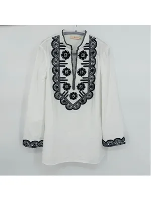 Tory Burch Richa Tunic Top Size 8 White Navy Blue Embroidered thumbnail 2