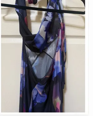 Purple Blue Floral Sheer Mesh Halter Cowl Maxi Dress thumbnail 4